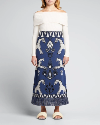 Shop Johanna Ortiz Pima Cotton Jacquard Midi Skirt In Ikat Midnight Blu