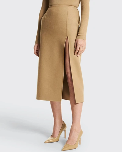 Shop Michael Kors Side-slit Midi Wool Skirt In Barley