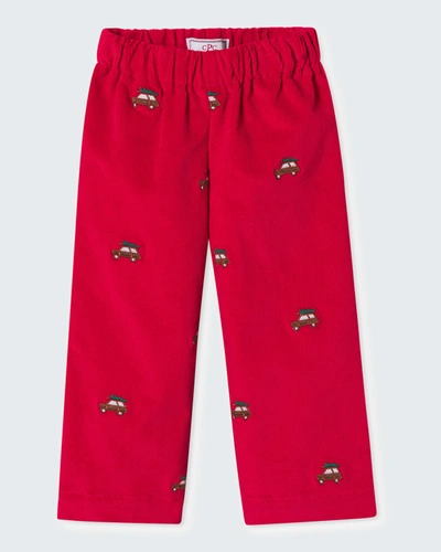 Shop Classic Prep Childrenswear Boy's Myles Car-embroidered Corduroy Pants In Crimson With Wood