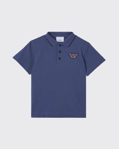 Shop Burberry Boy's Hecter Embroidered Vintage Check Bear Polo Shirt In Pebble Blue