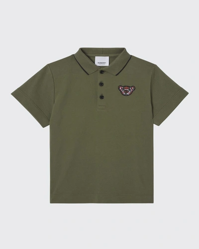 Shop Burberry Boy's Hecter Embroidered Vintage Check Bear Polo Shirt In Caper Green