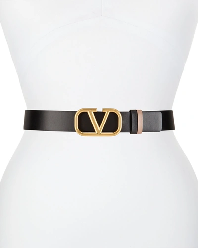 Shop Valentino Vlogo Reversible Leather Belt In Smokey Brown/nero