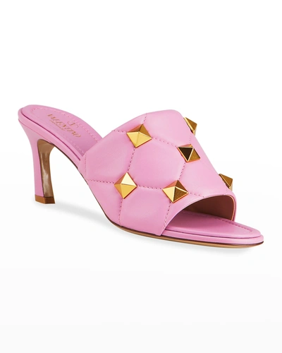 Shop Valentino Roman Stud Quilted Napa Slide Sandals In Pink