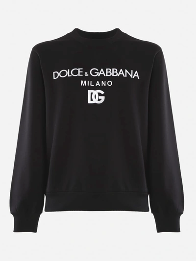 Shop Dolce & Gabbana Cotton Sweatshirt With Contrasting Embroidered Logo In Black