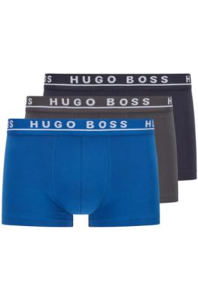 Shop Hugo Boss Three-pack Of Stretch-cotton Trunks With Logo Waistbands In Open Blue