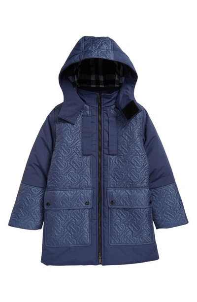 Shop Burberry Kids' Delford 3-in-1 Monogram Quilted Hooded Jacket In Pebble Blue