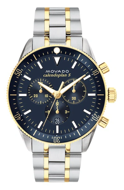 Shop Movado Heritage Calendoplan Chronograph Bracelet Watch, 42mm In Blue