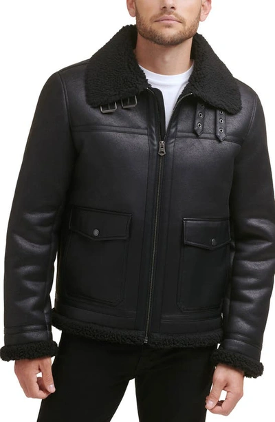 Shop Levi's Faux Fur Collar Moto Jacket In Black