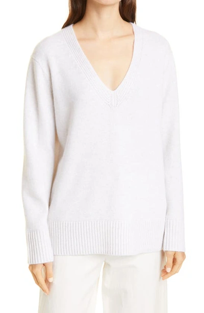 Shop Vince Ribbed V-neck Cashmere Tunic Sweater In Heather Beige