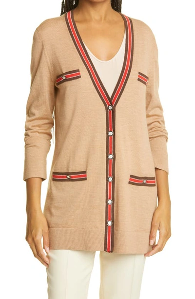 Tory Burch Madeline Merino Wool Boyfriend Cardigan In Camel Melange / Pine  Cone | ModeSens