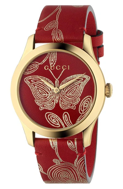 Shop Gucci G-timeless Leather Strap Watch, 36mm In Red/ Gold