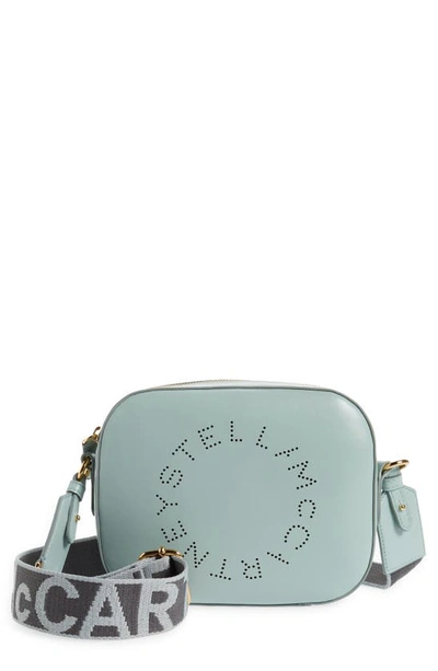 Shop Stella Mccartney Small Perforated Logo Faux Leather Camera Bag In Mist