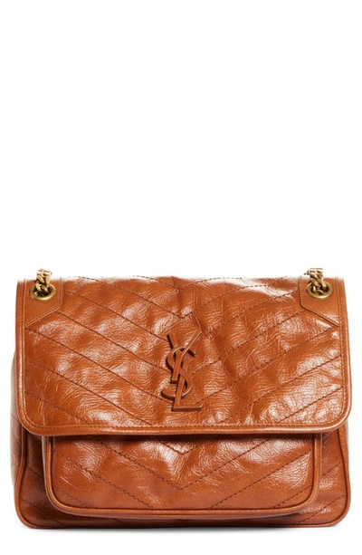 Shop Saint Laurent Medium Niki Matelassé Crinkled Leather Shoulder Bag In Light Burnt