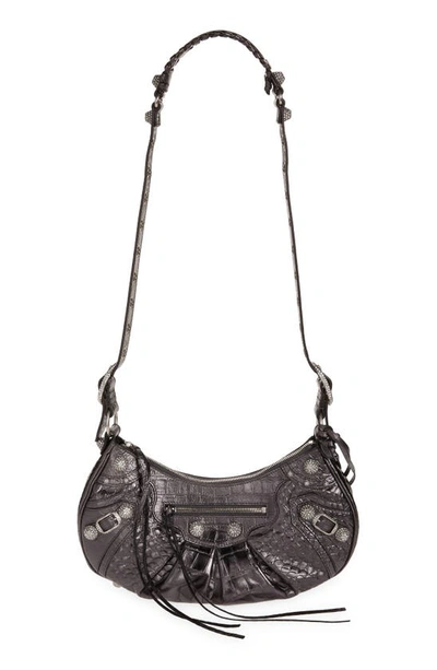 Shop Balenciaga Small Le Cagole Metallic Croc Embossed Leather Shoulder Bag In Gunmetal