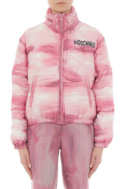 Shop Moschino Painting Print Down Puffer Jacket In Fantasy Print Pink