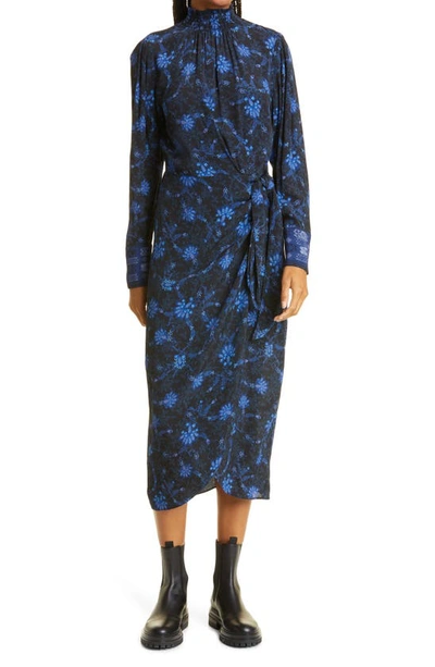 Shop Kobi Halperin Hunter Mock Neck Long Sleeve Silk Blend Dress In Black Cobalt Multi