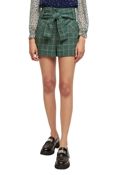 Shop Maje Itrito Belted Plaid Shorts In Green