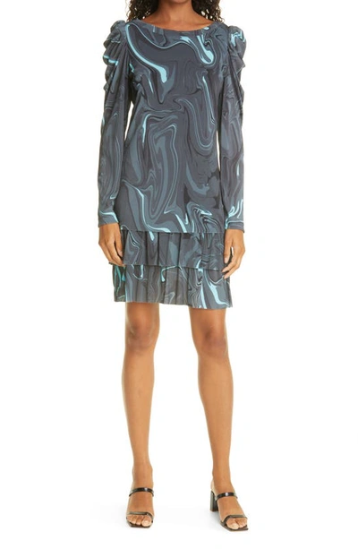 Shop Nicole Miller Neptune Swirl Long Sleeve Dress In Teal/ Grey