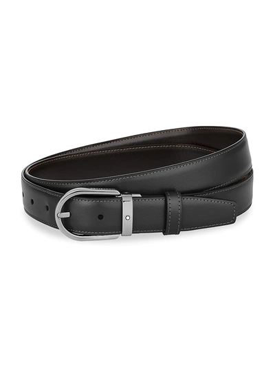 Shop Montblanc Men's Horseshoe Leather Ruthenium-finish Buckle Belt In Black
