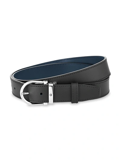 Shop Montblanc Men's Horseshoe Leather Stainless Steel Belt In Black Blue