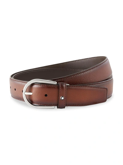 Shop Montblanc Men's Horseshoe Leather Buckle Belt In Brown