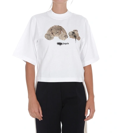 Shop Palm Angels Spray Bear Cropped T-shirt In White
