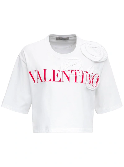 Shop Valentino Cropped Rose Blossom Jersey T-shirt In White