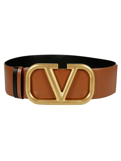 Shop Valentino Logo Buckle Belt In Brown/gold