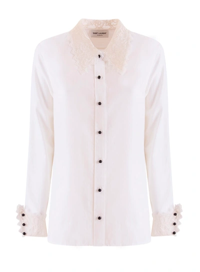 Shop Saint Laurent Striped Shirt In Cotton Voile With Lace In Bianco