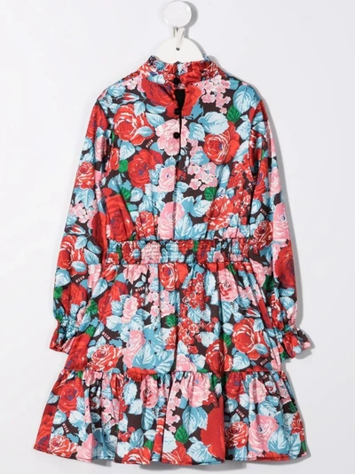 Shop Msgm Floral-print Long-sleeve Dress In Red