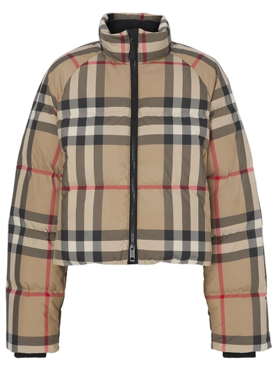 Shop Burberry Check Print Puffer Jacket Archive Beige