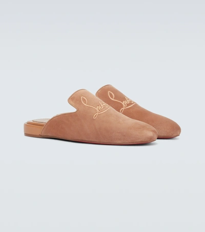 Christian Louboutin Navy Coolito Flat Mules In Brown