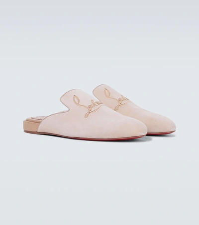 Christian Louboutin Navy Coolito Flat Mules In Beige