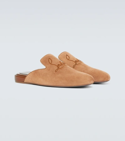 Christian Louboutin Navy Coolito Flat Mules In Brown