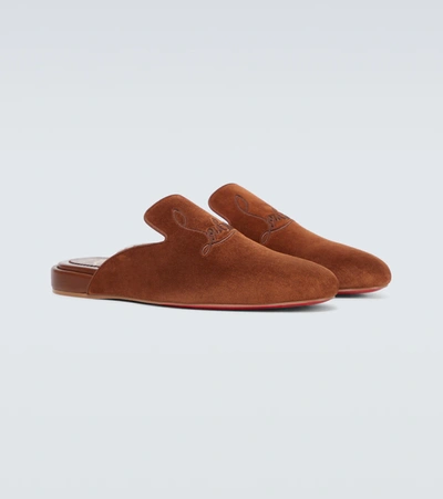 Christian Louboutin Navy Coolito Flat Mules In Brown
