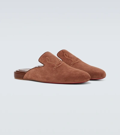 Christian Louboutin Navy Coolito Flat Mules In Brown