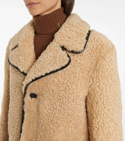 Shop Saint Laurent Leather-trimmed Shearling Coat In Beige