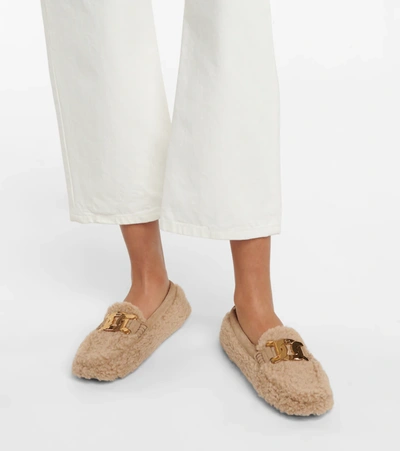 Shop Tod's Shearling Loafers In Beige