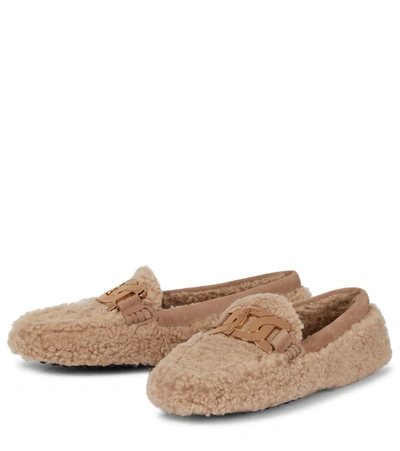 Shop Tod's Shearling Loafers In Beige
