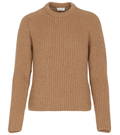 Shop Saint Laurent Ribbed-knit Camel Hair Sweater In Camel Clair