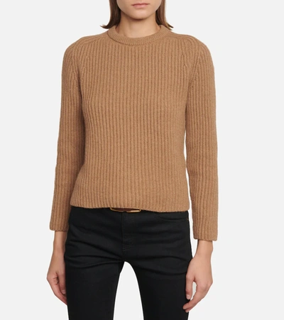 Shop Saint Laurent Ribbed-knit Camel Hair Sweater In Camel Clair