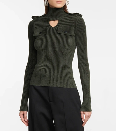 Shop Bottega Veneta Cutout Ribbed-knit Velvet Sweater In Green