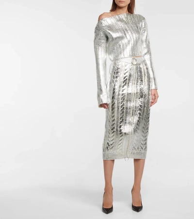 Shop Balmain Metallic Midi Skirt In Silver