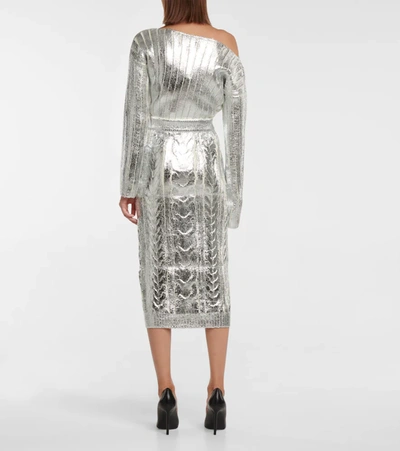 Shop Balmain Metallic Midi Skirt In Silver