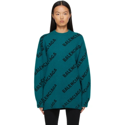 Shop Balenciaga All Over Logo Sweater In Petrol Blue