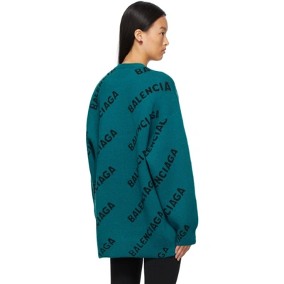 Shop Balenciaga All Over Logo Sweater In Petrol Blue