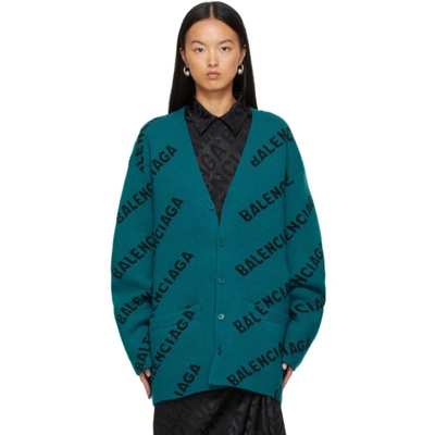 Shop Balenciaga All Over Logo Cardigan In Petrol Blue