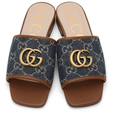 Shop Gucci Blue Denim Gg Jacquard Slide Sandals In Blue Tea/brown