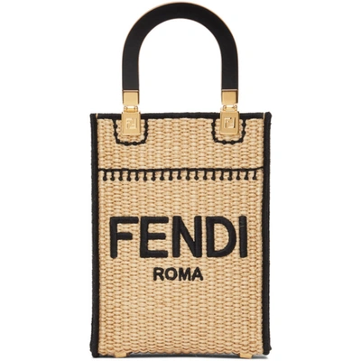 Shop Fendi Beige Straw Mini Sunshine Shopper Bag In Nature