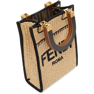 Shop Fendi Beige Straw Mini Sunshine Shopper Bag In Nature